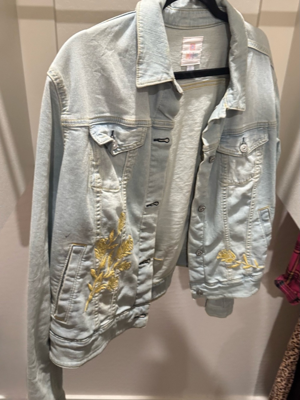 LuLaRoe Light Wash Denim Jacket with Yellow Embroidered Floral Accents